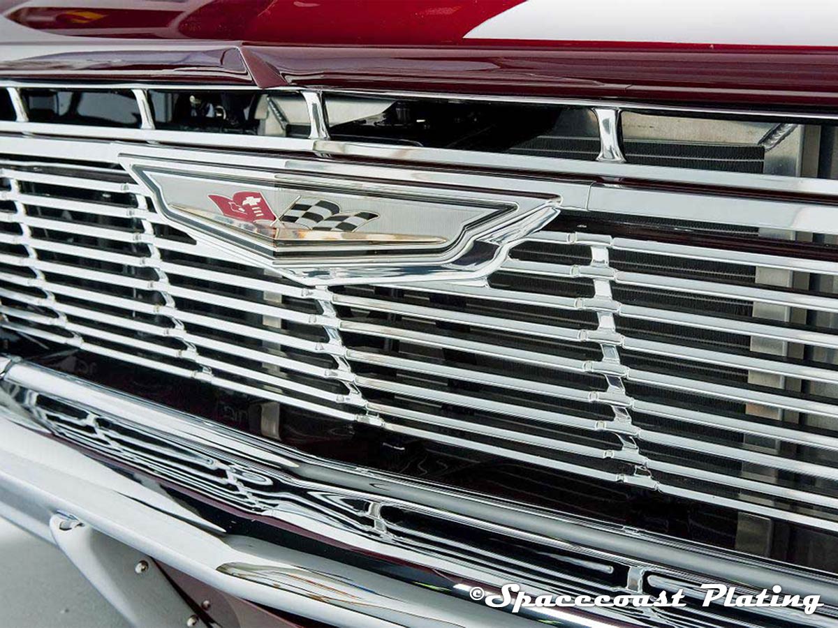 Chrome Plating Detail: Metal restoration and chrome plating by Space Coast Plating of the bumper and grill on an early 1960s Chevrolet.
