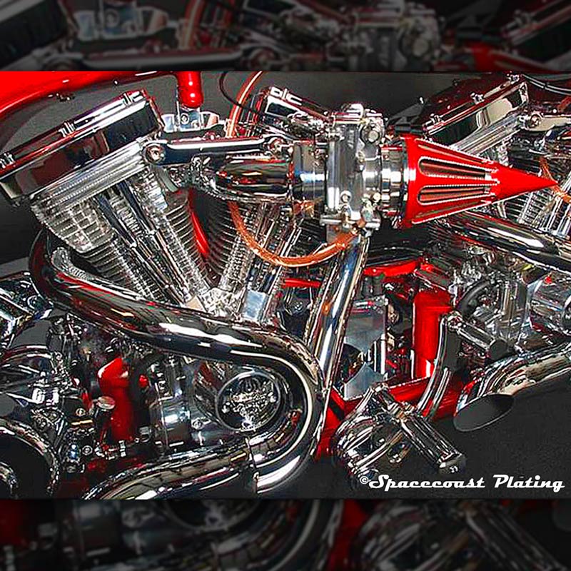 Detail of copper plating on motorcycle.