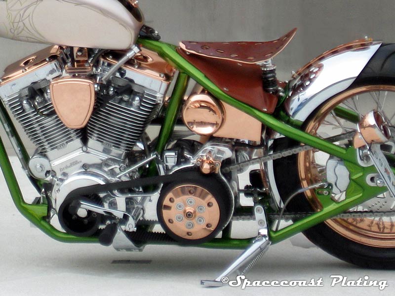 Copper Plating Detail of copper plating on motorcycle.