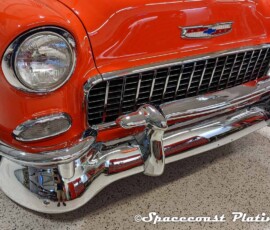 1955 Chevrolet Bel Air Convertible bumper, grill, headlight fairings and trim restored and chrome plated at Spacecoast Plating in Melbourne FL.