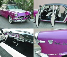 1955 Dodge Custom Royal Lancer, magenta and white two-tone paint, imterior and exterior trim, bumpers, grille etc. retored and chrome plated by Spacecoast Plating.