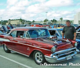 1957 ruby red customized Chevrolet Bel Air coupe features components and trim that were restored and chrome plated by Spacecoast Plating of Florida