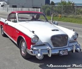 Spacecoast Plating performed metal restoration and chrome plating on the bumpers, grille, headlight surrounds, fender trim, emblem, windshield trim, door trim, hood scoop and mirror on this 1956 Studebaker Golden Hawk.