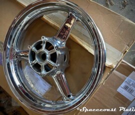 Custom plated motorcycle wheel done by Spacecoast Plating.