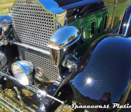 1929 Packard 645 Deluxe Eight Custom Roadster running lights, grille, radiator shroud, and headlamps metal restoration and chrome plating done by Spacecoast Plating in Melbourne Florida.
