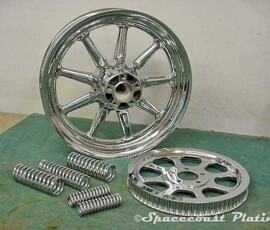 Motorcycle wheel, springs, and rear pulley chrome plated at Spacecoast Plating in Florida