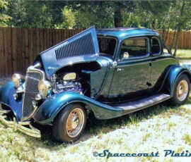 The bumpers, headlights, radiator surround, grille, mirrors, hubcaps, and various engine components on this 1934 Ford 5-Window Coupe Hot Rod were performed at Spacoast Plating's shop in Melbourne FL.