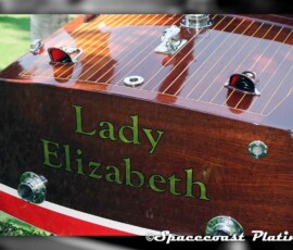 Classic motorboat trim, including exhast, transom fume ventilation, dock line stays, and running light fixtures restored and chrome plated by Spacecoast Plating.