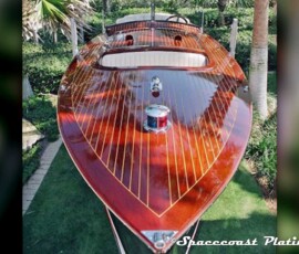 Restored and chrome plated bow eye mooring ring, running light fixtures, dock line cleats, and engine ventilation air scoops performed at Spacecoast-Plating.com