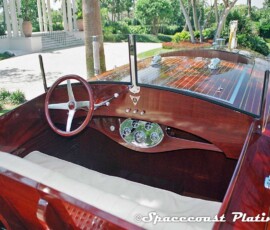 Trim, cockpit controls and instrumentation dashboard, pulleys, and intakes restored and plated by Spacecoast Plating for this classic Chris-Craft runabout.